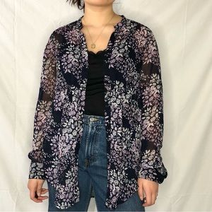 Sheer Purple Navy White Floral Button Down Long Sleeve